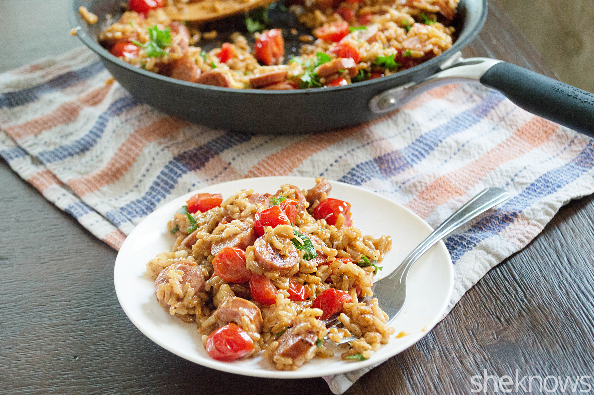 OnePot Wonder Cheesy sausage and rice skillet for a quick dinner fix