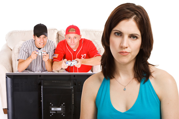 Woman annoyed with her boyfriend and his friends