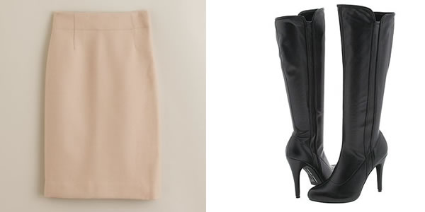 black boots and beige skirt