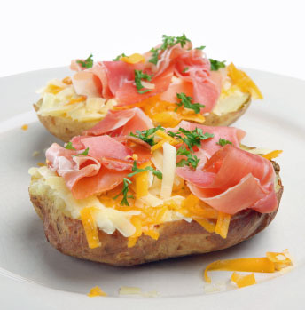 baked potato with ham and cheese