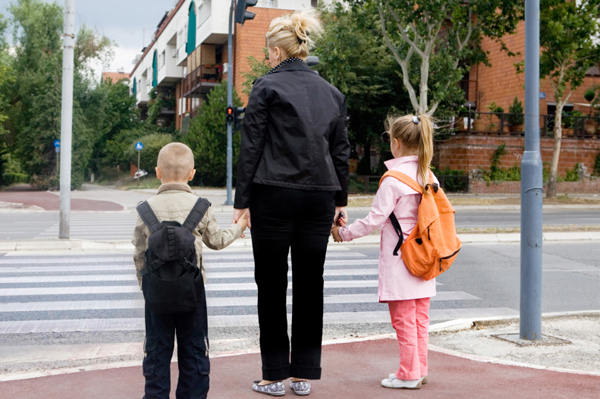 Mom and children in the city