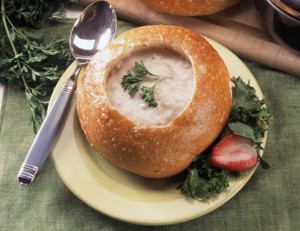 Gluten-free Cauliflower Soup in Gluten-free Bread Bowl