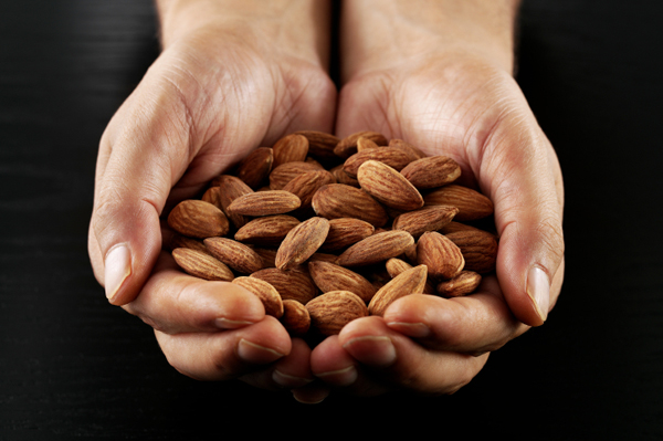 Hands holding almonds