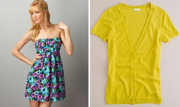flowered dress and yellow sweater