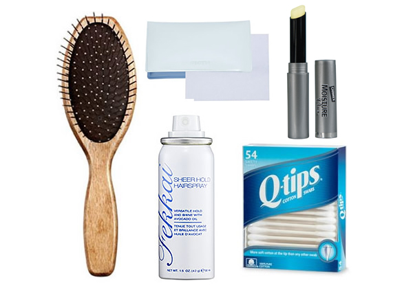 mini hairbrush, Q-tips, hairspray, blotting sheets