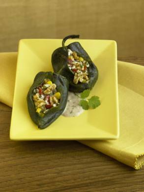 Corn and Mushroom Stuffed Chiles Rellenos with Creamy Walnut Sauce