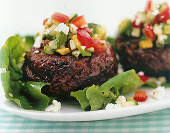 Beef Burgers with Feta, Cucumber, Avocado and Tomatoes