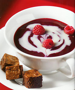 Raspberry and White Chocolate Swirl Soup with Brownie Croutons