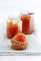 English muffins with tomato jam, cambozola & eggs