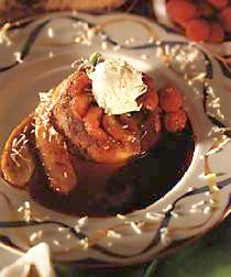 Warm Banana Upside Down Cake with Hot Chocolate Sauce