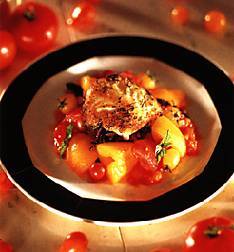 Grilled Halibut with Garlic Roasted New Potatoes and Tomato Orange Relish