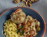 Crusty Hash Brown Potatoes with Scrambled Eggs and Spiced Applesauce