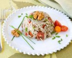 Warm Orzo and Walnut Salad with Garden Vegetables, Chevre and Herbs