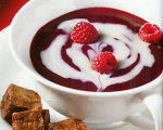 Raspberry and White Chocolate Swirl Soup with Brownie Croutons