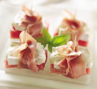 Prosciutto Wrapped Watermelon and Brie Fingers