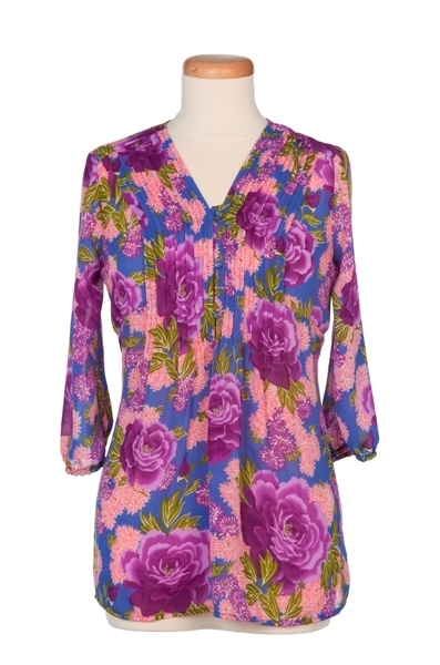 Mandarin Floral Printed Blouse with Pleats