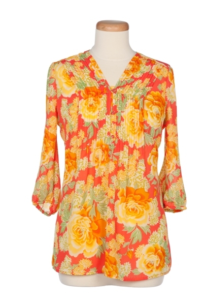 Mandarin Floral Printed Blouse with Pleats