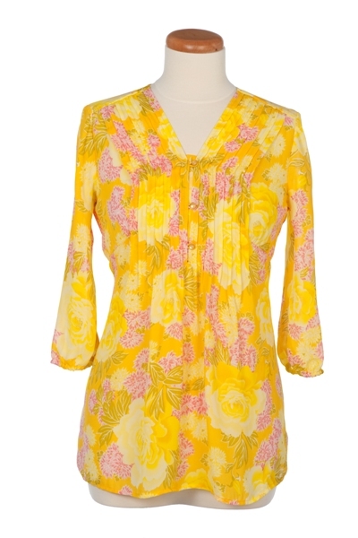 Mandarin Floral Printed Blouse with Pleats