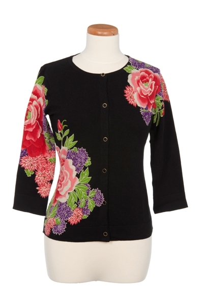 Placed Mandarin Floral Print Crew Neck Cardigan