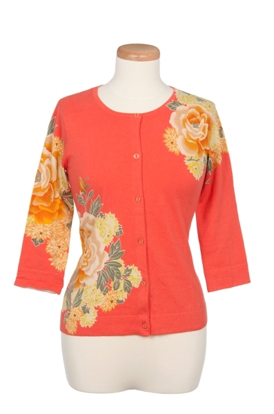 Placed Mandarin Floral Print Crew Neck Cardigan