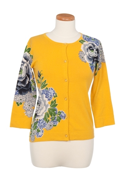 Placed Mandarin Floral Print Crew Neck Cardigan