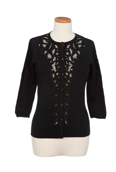 Crew Neck Cardigan with Lace Front Placket