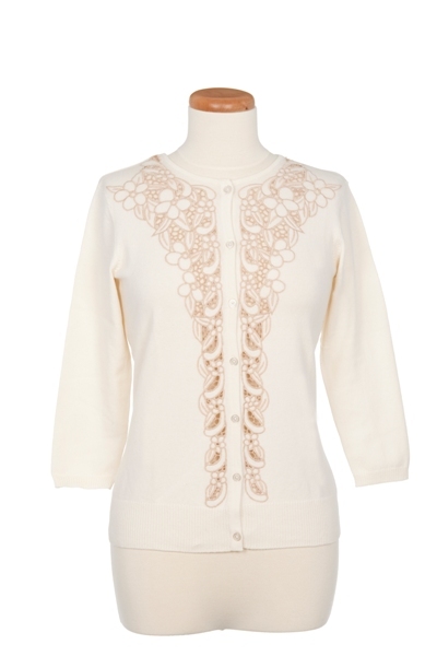 Crew Neck Cardigan with Lace Front Placket