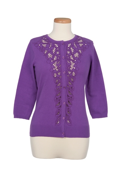Crew Neck Cardigan with Lace Front Placket