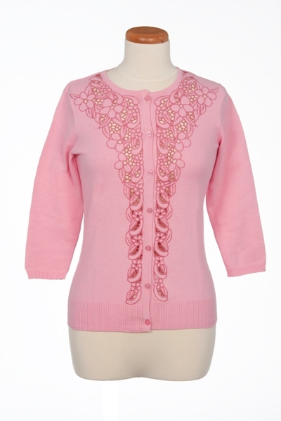 Crew Neck Cardigan with Lace Front Placket