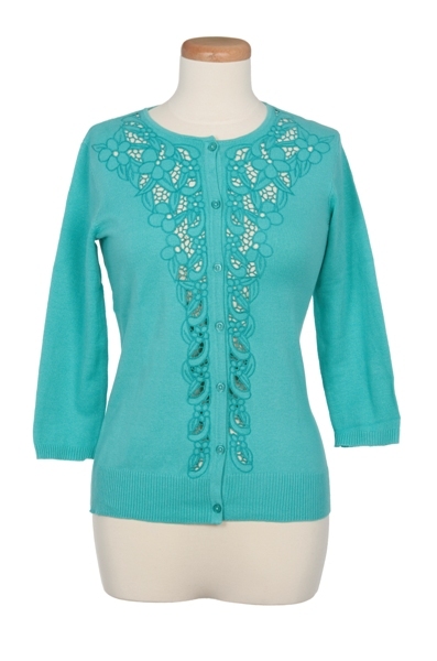 Crew Neck Cardigan with Lace Front Placket