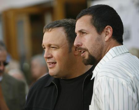 Adam Sandler with a squinting Kevin James at Universal Studios