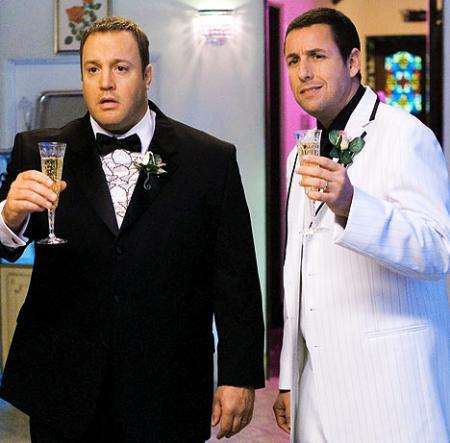 Adam Sandler and Kevin James toasting with champagne