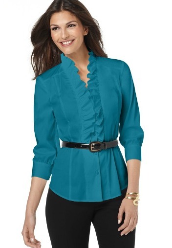 Ruffled three-quarter sleeve belted shirt
