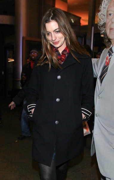 Anne Hathaway with a checkered scarf