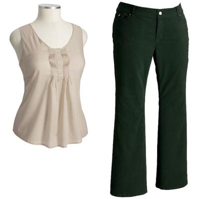 Pleated-Front Tank and Low-Rise Boot-Cut Cords