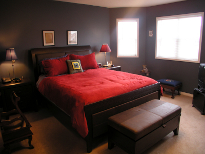 Dark brown and red bedroom decor