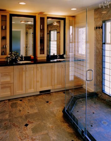 Wood, glass and granite bathroom