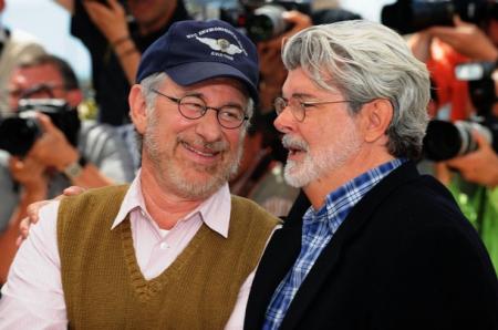 A light-hearted moment between Spielberg and Lucas at the film festival.