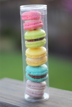 Colorful macarons in clear tube 
