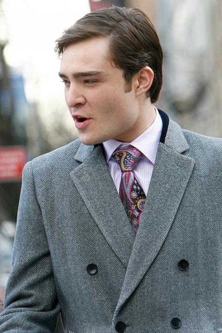 Ed Westwick of Gossip Girls is seen here in a heavy jacket