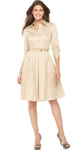 Three-quarter sleeve belted shirtdress