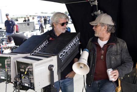 George Lucas and Steven Spielberg on the Indiana Jones set in 2008.