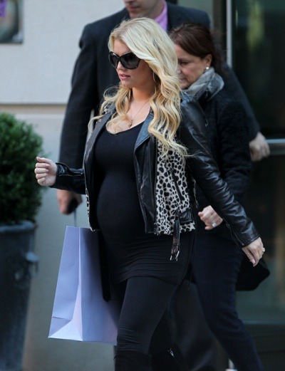 Jessica Simpson in grey leather jacket