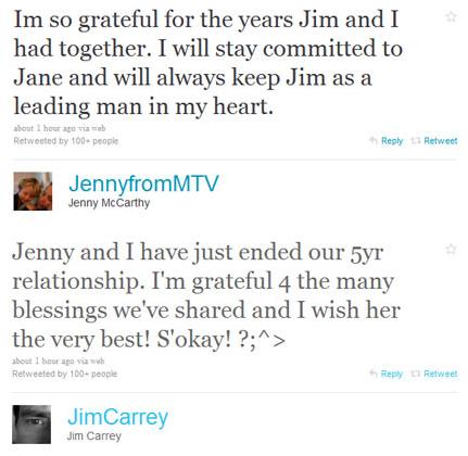 Jim Carrey and Jenny McCarthy Announce Break Up on Twitter