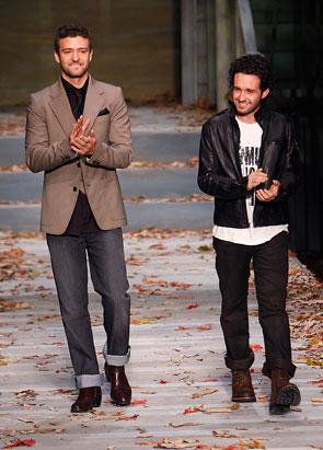 Justin Timberlake and Trace Ayala clap at a William Rast fashion event