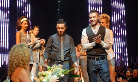 Trace Ayala and Justin Timberlake receive flowers at William Rast show