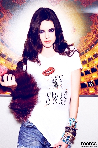 Kendall Jenner modeling Marcc T-shirts.