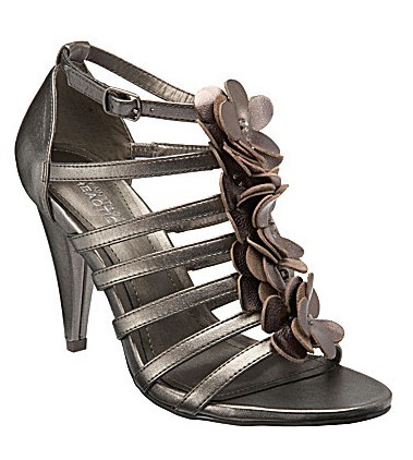 Strappy Metallic Leather Flower-Detail Heels
