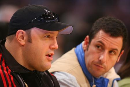 Kevin James talks to Adam Sandler at Lakers game
