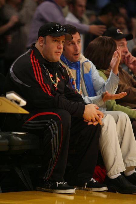Kevin James and Adam Sandler together at the Lakers game
